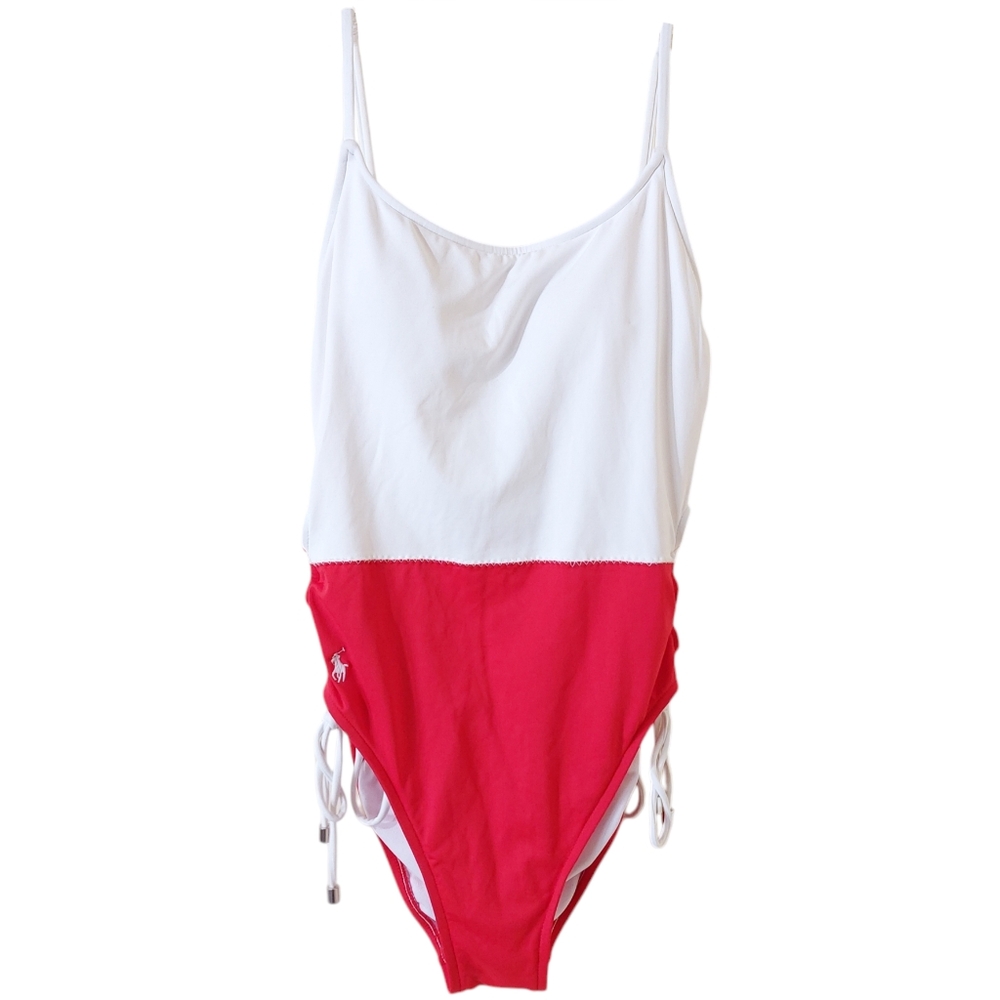 Polo Ralph Lauren Red & White Colorblock One Piece Swimsuit Bathing Suit